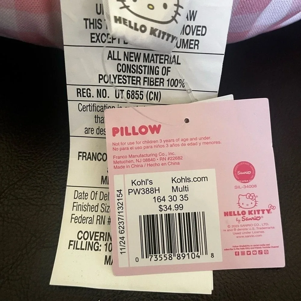 Hello Kitty Pink and White Plaid Cushion Pillow Easter Eggs Embroidered Flowers